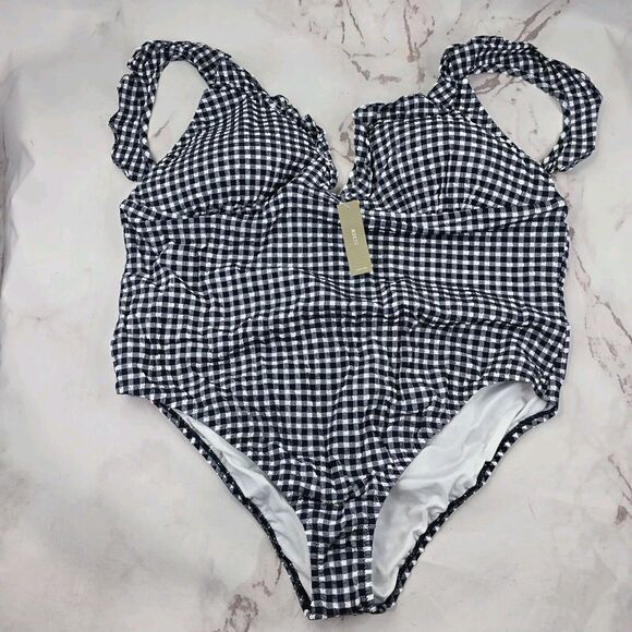 J Crew Swim 24 3X Blue Gingham One Piece V Neck Bikini Seersucker Ruffle BE754 - Picture 1 of 11